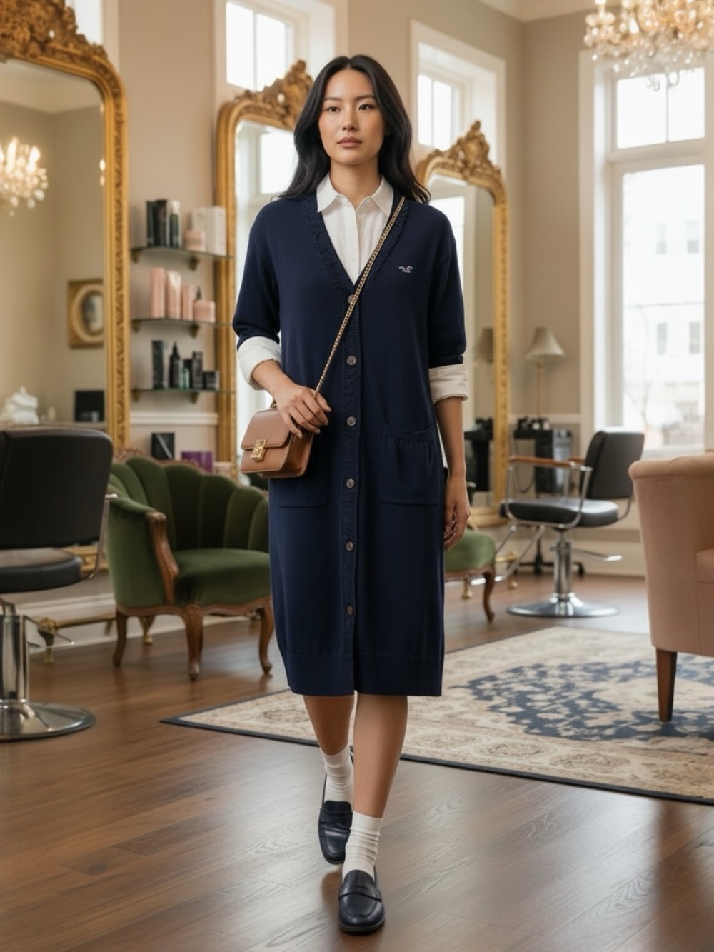 HOLLISTER NAVY BLUE DEEP V-NECK RUFFLED ROLLED CUFF SS SWEATER DRESS